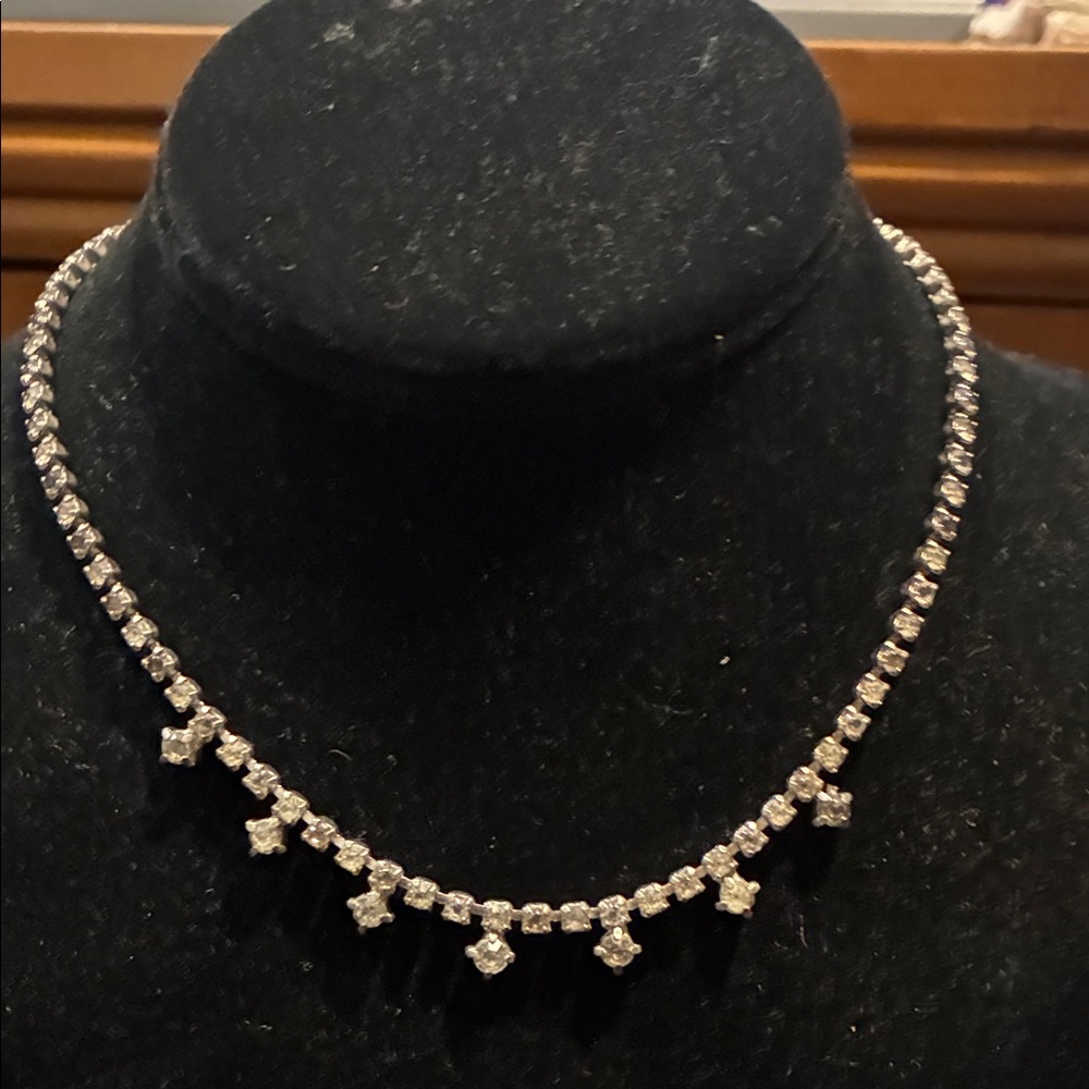 Vintage Silver Tone Choker Necklace With Clear Rhinestones